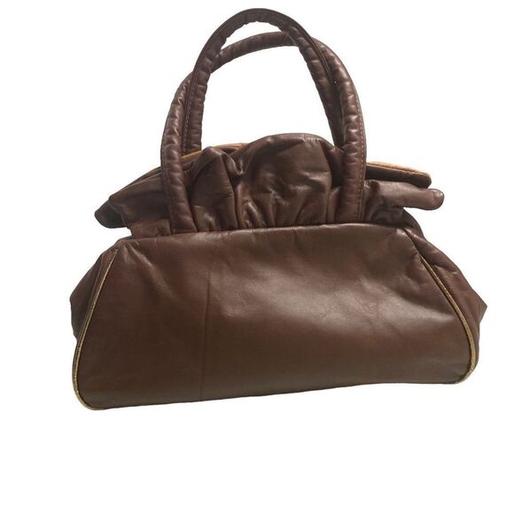 Y2K Genuine Leather Rhinestone Handbag Satchel brown & tan Baguette Chunky - Picture 2 of 11